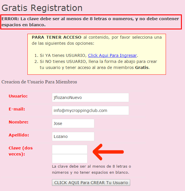 Crear Usuario Error Clave